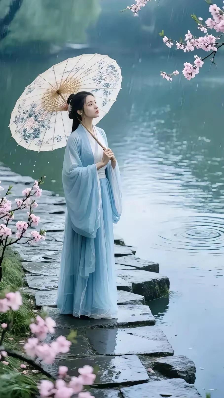 七绝•春雨寄远
雨打桃腮影自怜，
轻罗小伞立溪边。
相思不共春潮去，
落花双飞在