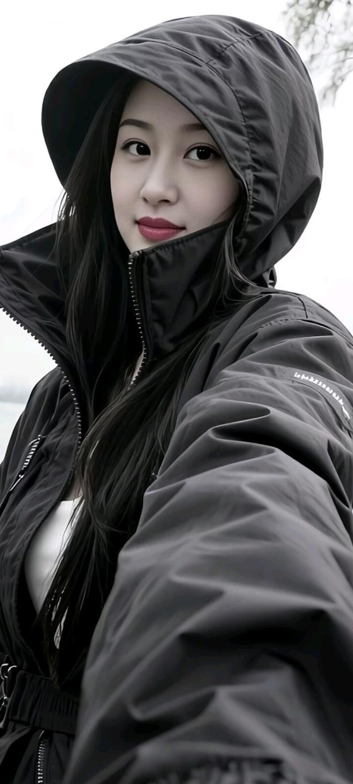 雨中漫步，黑色雨衣下的你，格外迷人