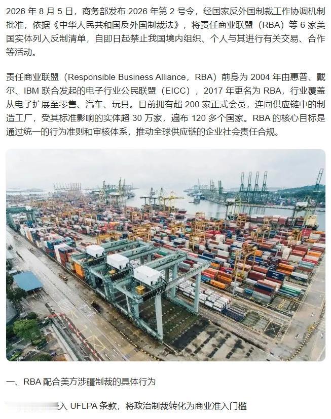 最近中国出了一个很大的反制招数：制裁RBA，不接受所谓的西方供应链审查了。事情大