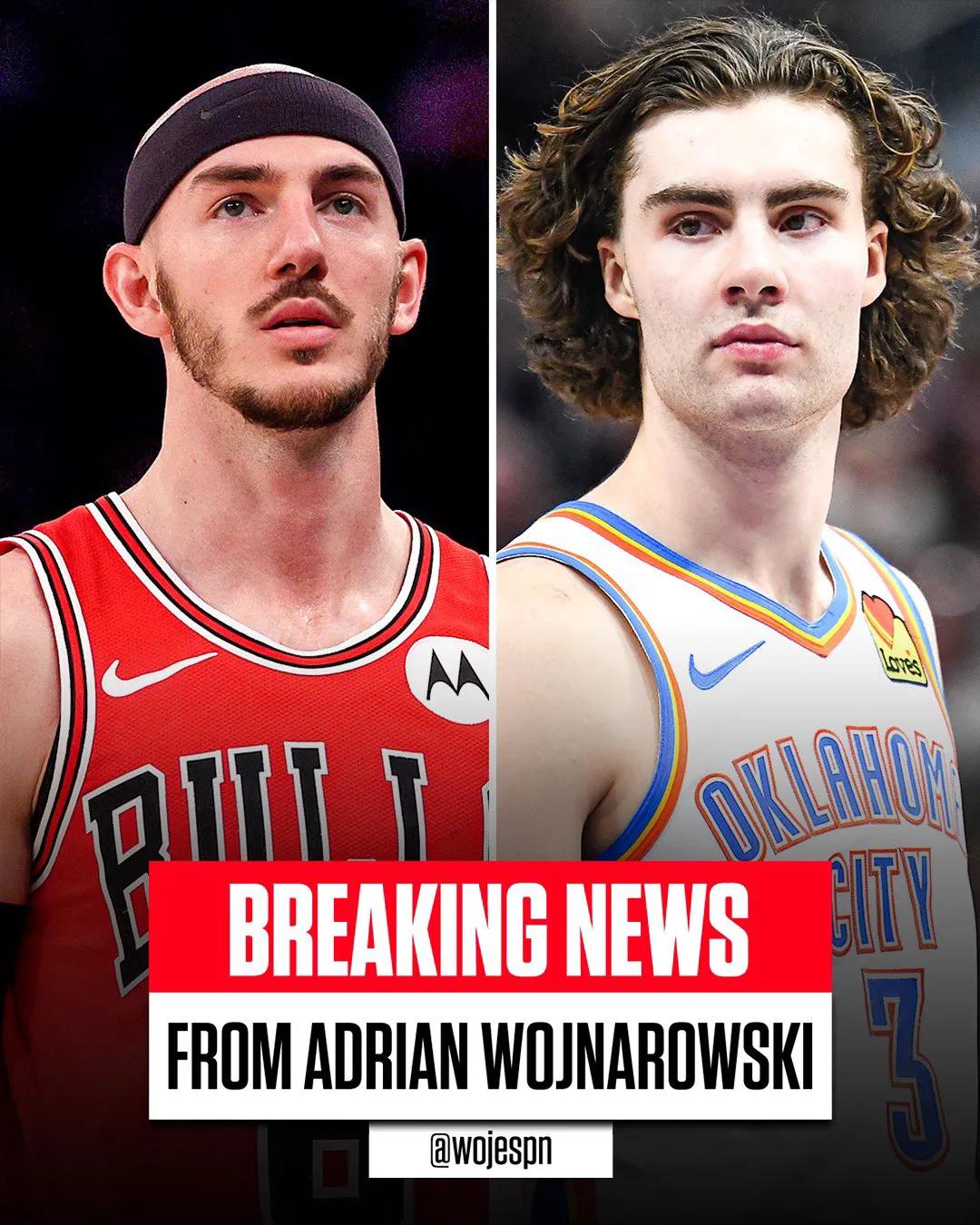 NBA交易消息：据woj报道，公牛将会把卡鲁索送到雷霆，换来年轻的后卫吉迪，为公