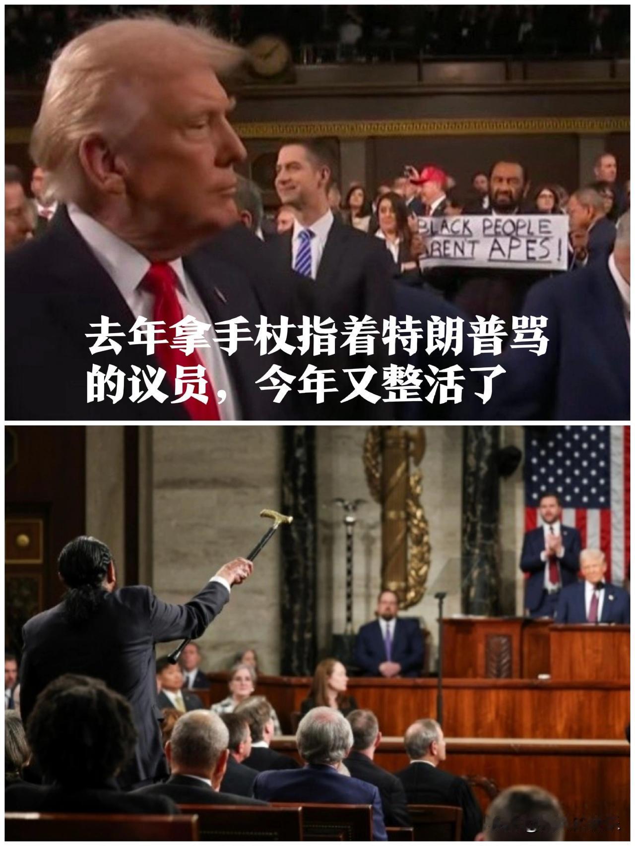 去年拿手杖指着特朗普骂的议员，今年又整活了

   据外媒报道美国总统特朗普于当