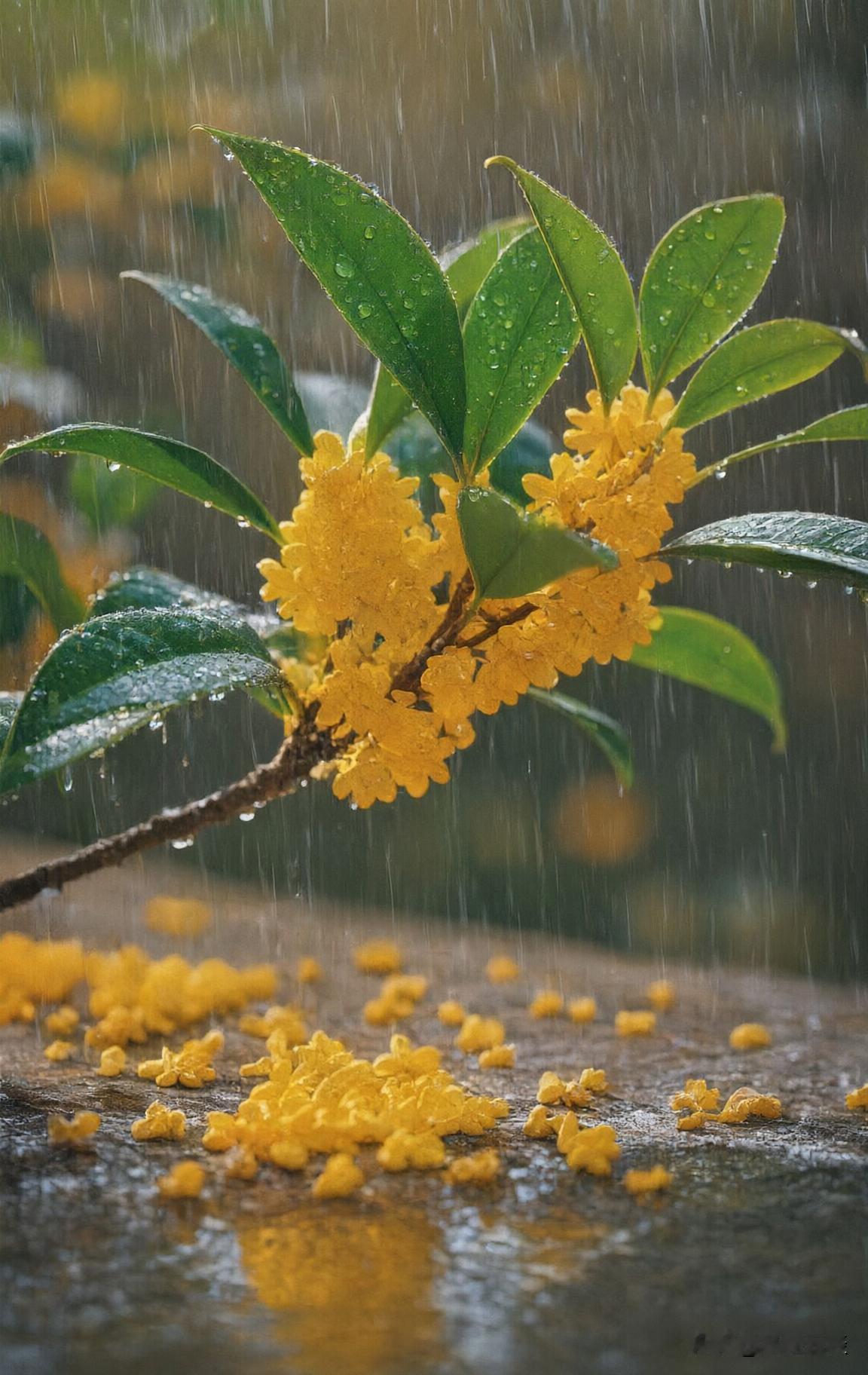 雨打桂花落，满阶溢清香

一场秋雨，敲碎枝头金桂。
细碎黄花簌簌飘落，落在湿漉漉