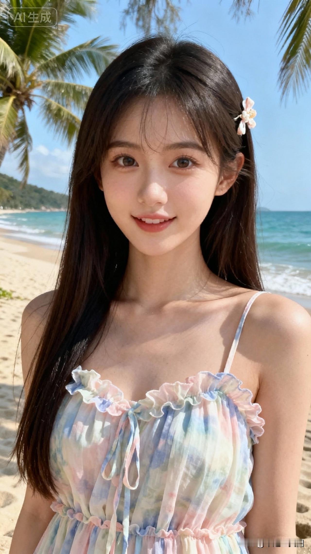 沙滩上的甜美少女，海风吹拂下的温柔时光🌊💙