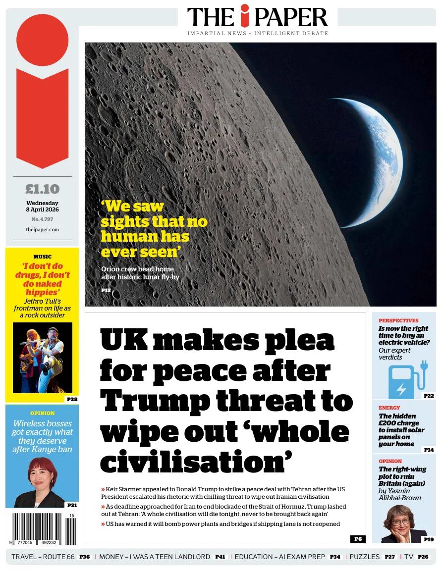 一张从猎户座飞船飞掠月球时拍摄的惊艳照片登上了《i报》封面。
其主要报道是唐纳德