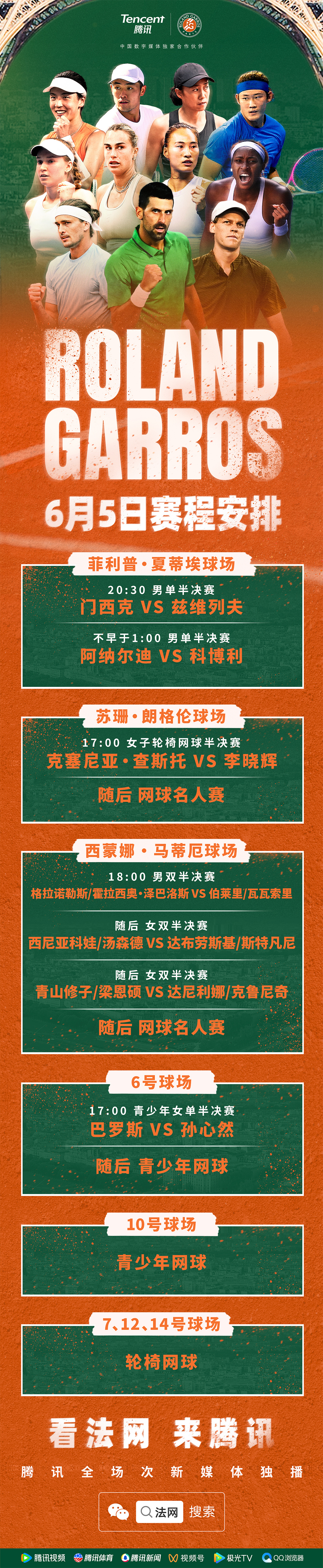 法网2026 今日赛程安排， 