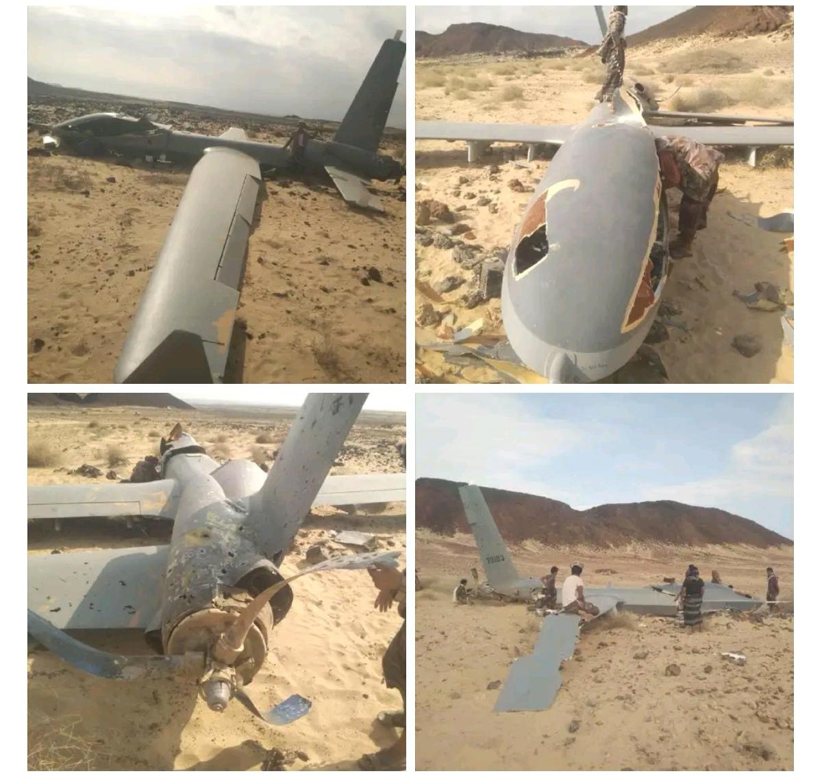 一架未挂弹的大型察打无人机在也门南方阿比扬省坠毁（看起来是被击落的），似乎是一架