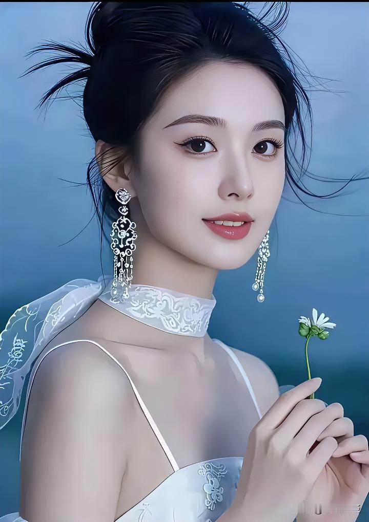 优雅白纱裙，梦幻蓝背景，手持小白花，唯美少女风