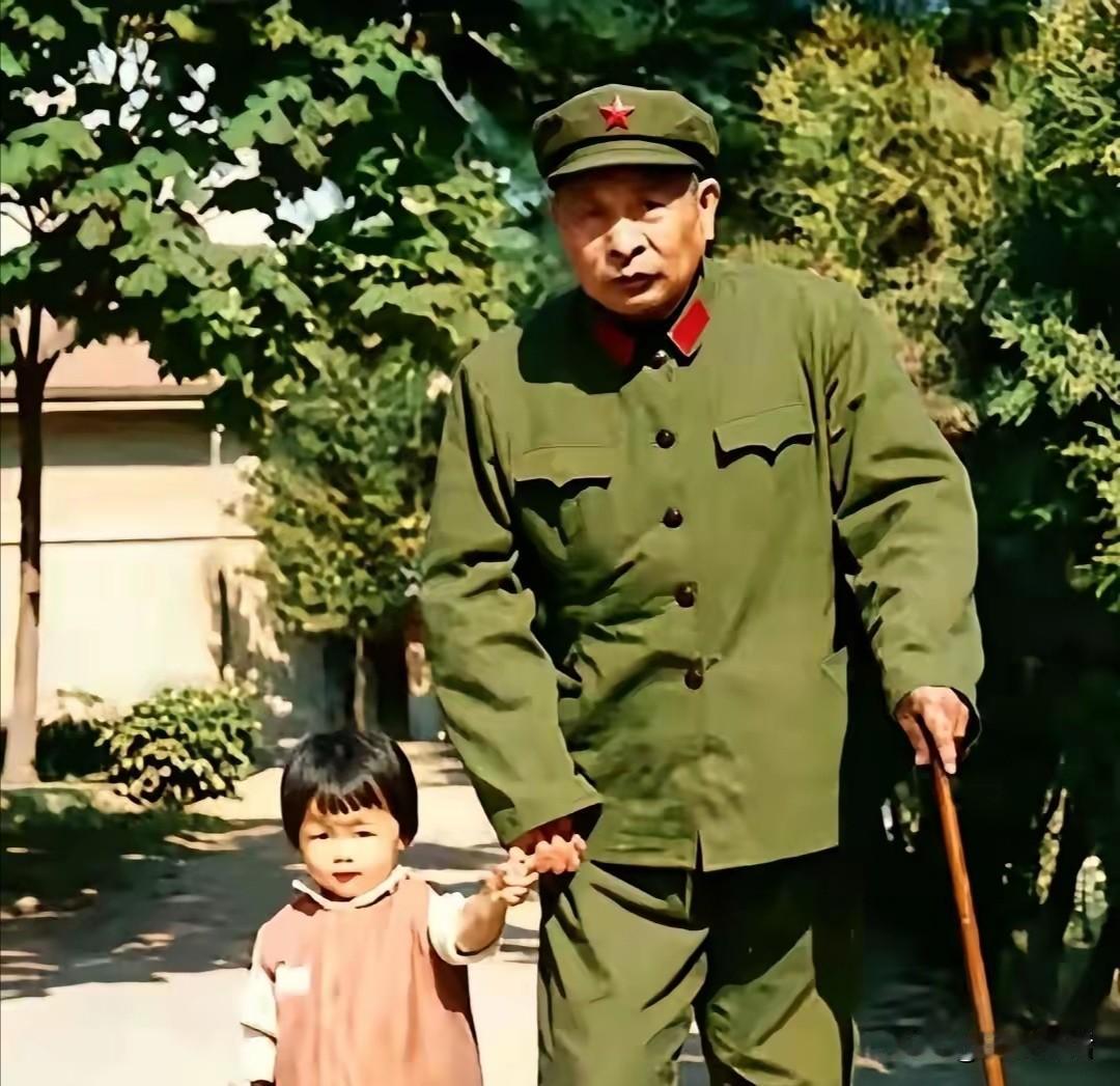 这是上世纪70年代，一位从我们家乡平江走出来的开国上将牵着他的孙女在散步。老将军