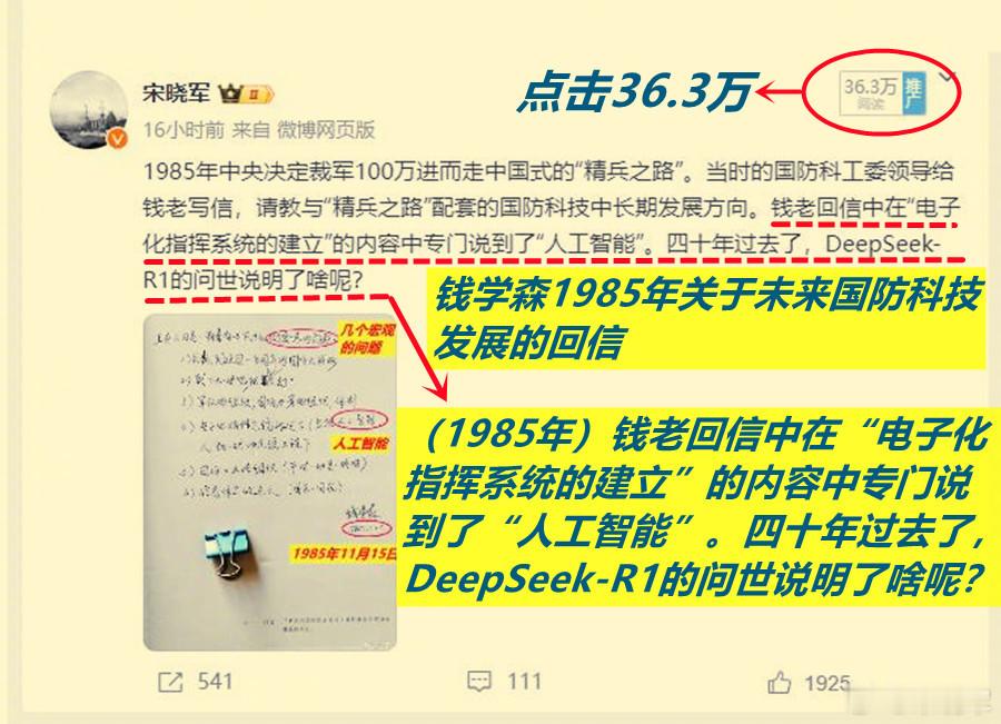 图1/2：看到昨天我发的关于钱老1985年谈未来国防科技发展方向时就提到了“人工