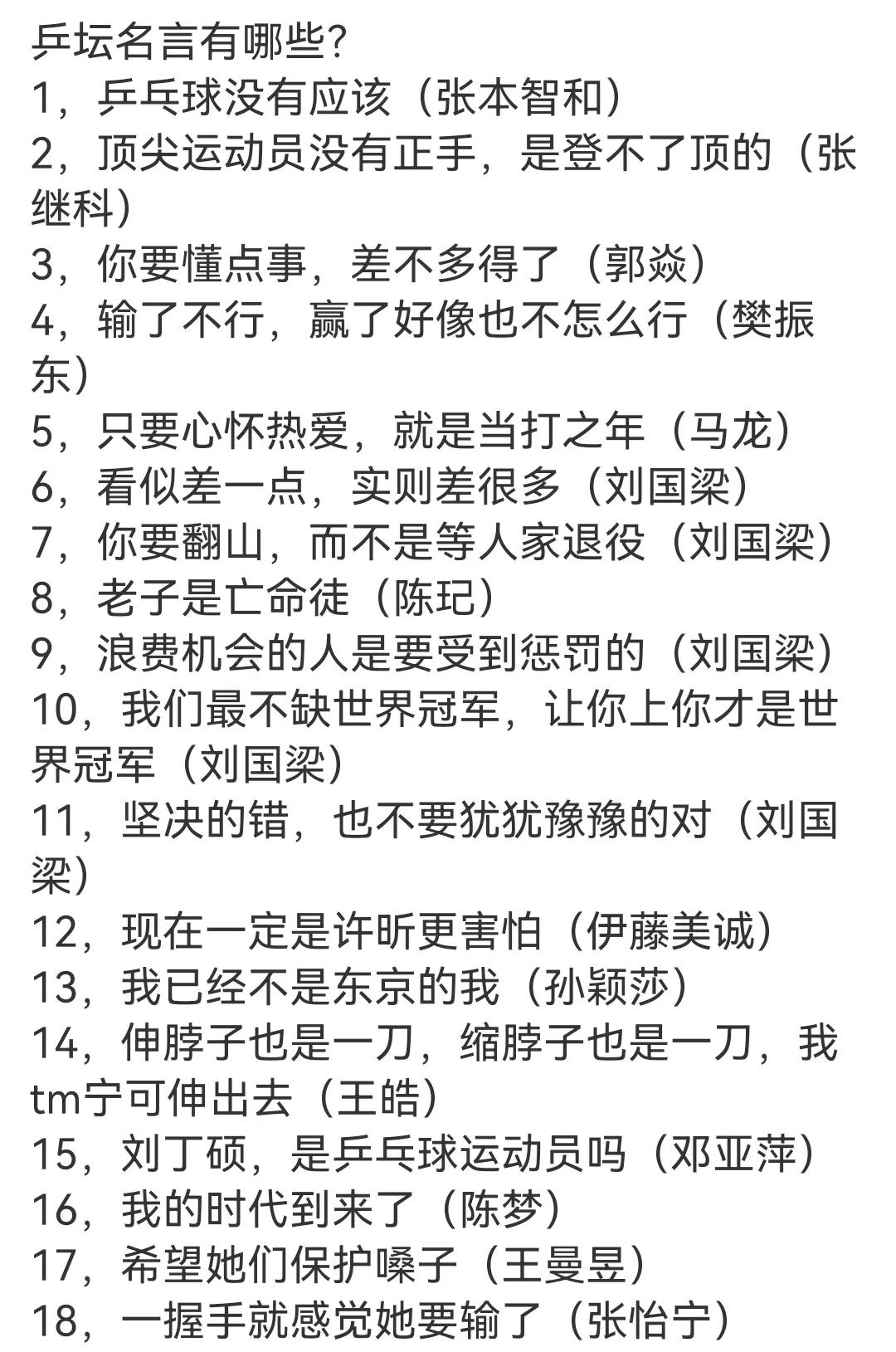有人总结了乒坛上的名言，很有趣，有自信 有鞭策 有感慨 有刚毅 有励志 有指点，