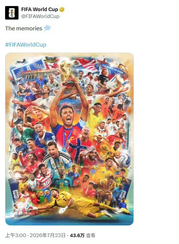 FIFA官方世界杯海报：罗德里C位，梅西、C罗、哈兰德、姆巴佩入镜！沃齐尼亚位置