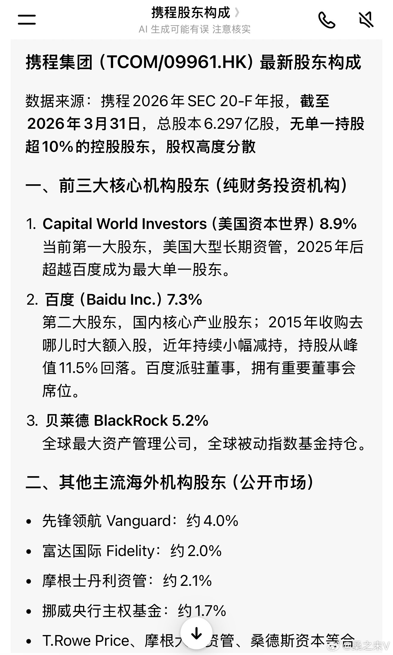 携程没有控股的大股东，又是以海外股本为最多，大股东只为赚钱，携程也是把赚钱这件事