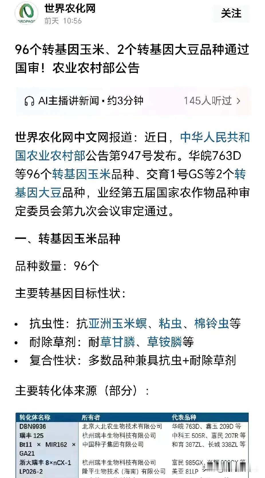 近日，农村农业部发布公告。96个转基因玉米品种，2个转基因大豆品种通过国审。这标