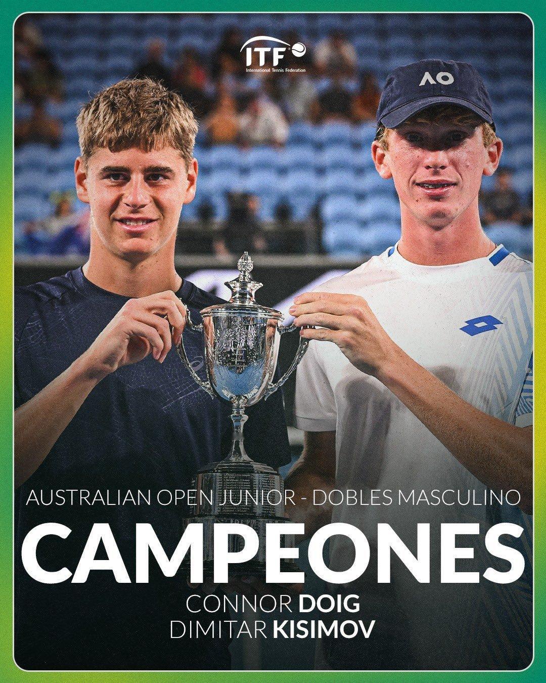 澳网2026 青少年组男双冠军：南非/保加利亚组合多伊格/基西莫夫，女双冠军：捷