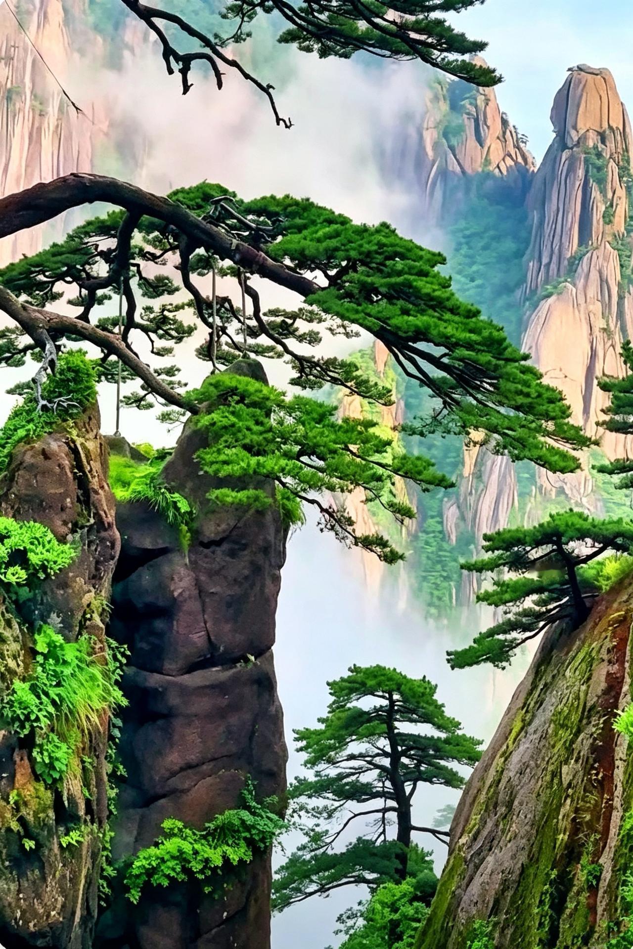 黄山揽胜
危崖奇松倚翠岑，
流云漫卷隐天心。
峰尖刺破千重雾，
涧底深藏万古音。