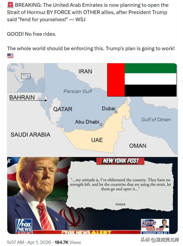 突发： 据《华尔街日报》报道，在川普总统表示“自求多福！”之后，阿联酋目前正计划