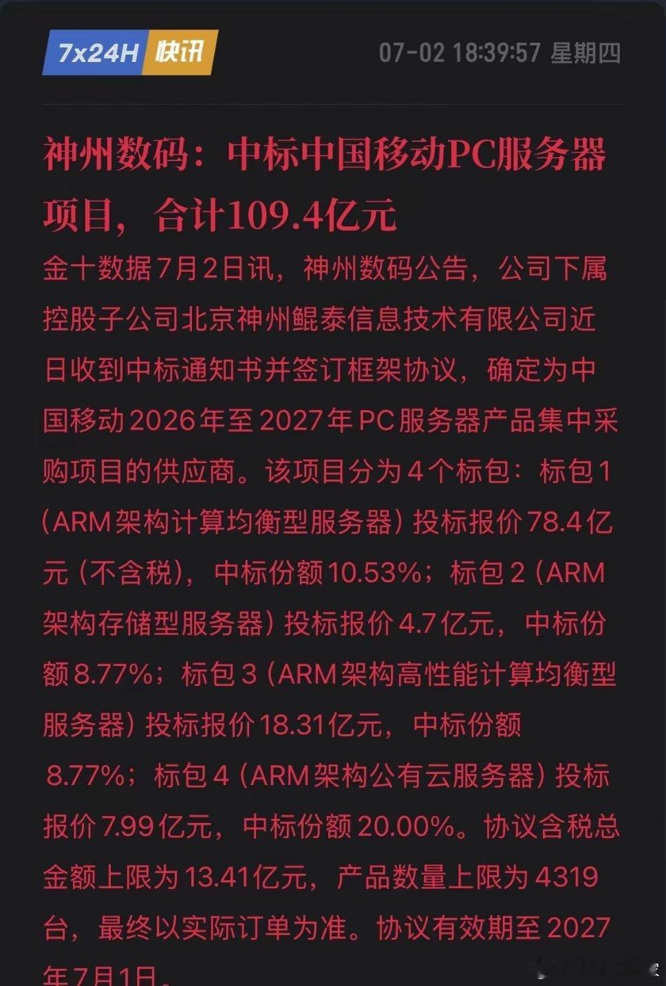 重磅订单落地！神州数码子公司全品类中标移动服务器集采，国产算力再迎硬核利好。7月