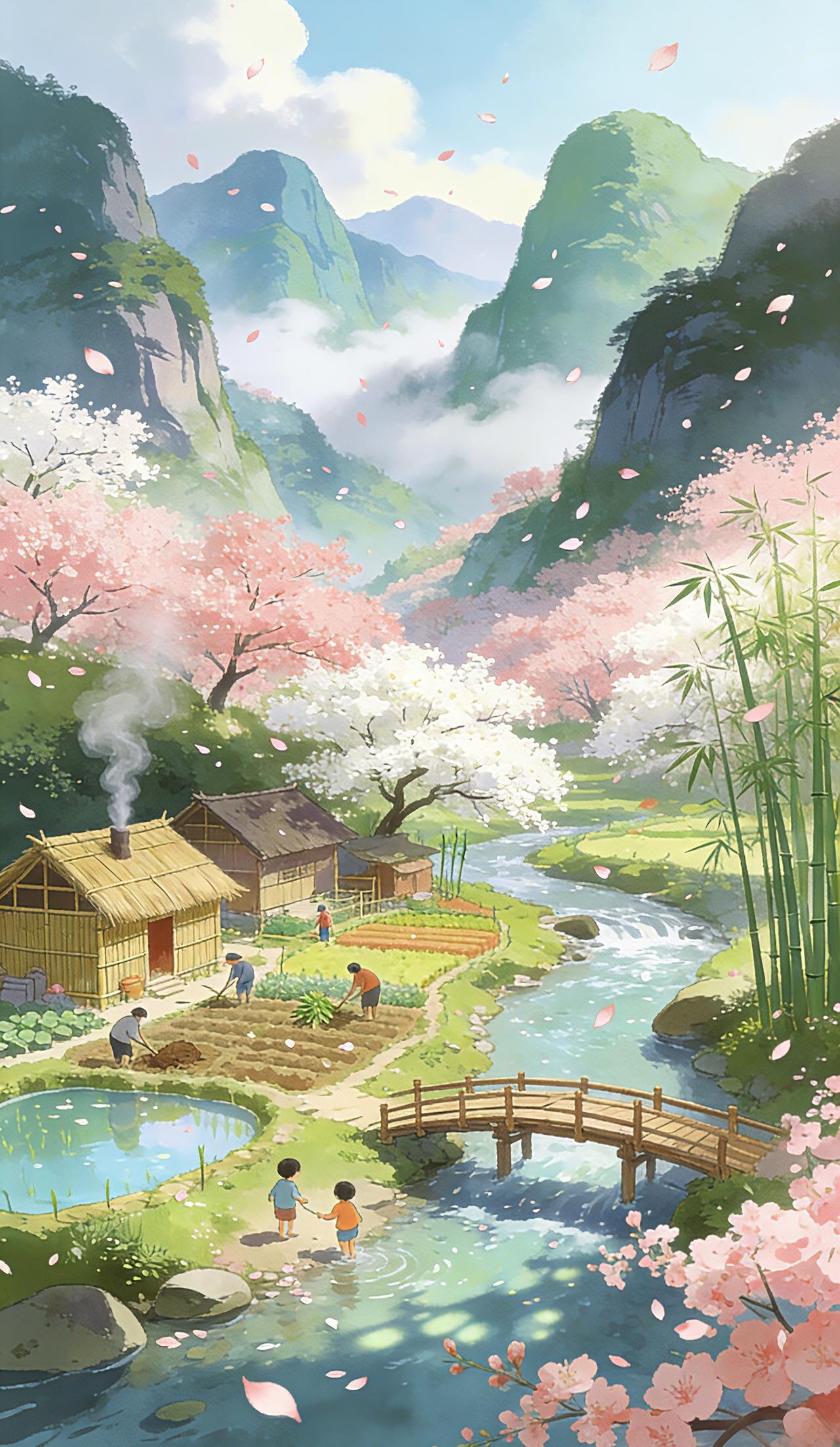 这组世外桃源壁纸以浓墨重彩勾勒出理想中的避世之境。青山如黛，云雾似纱，将山峦衬得