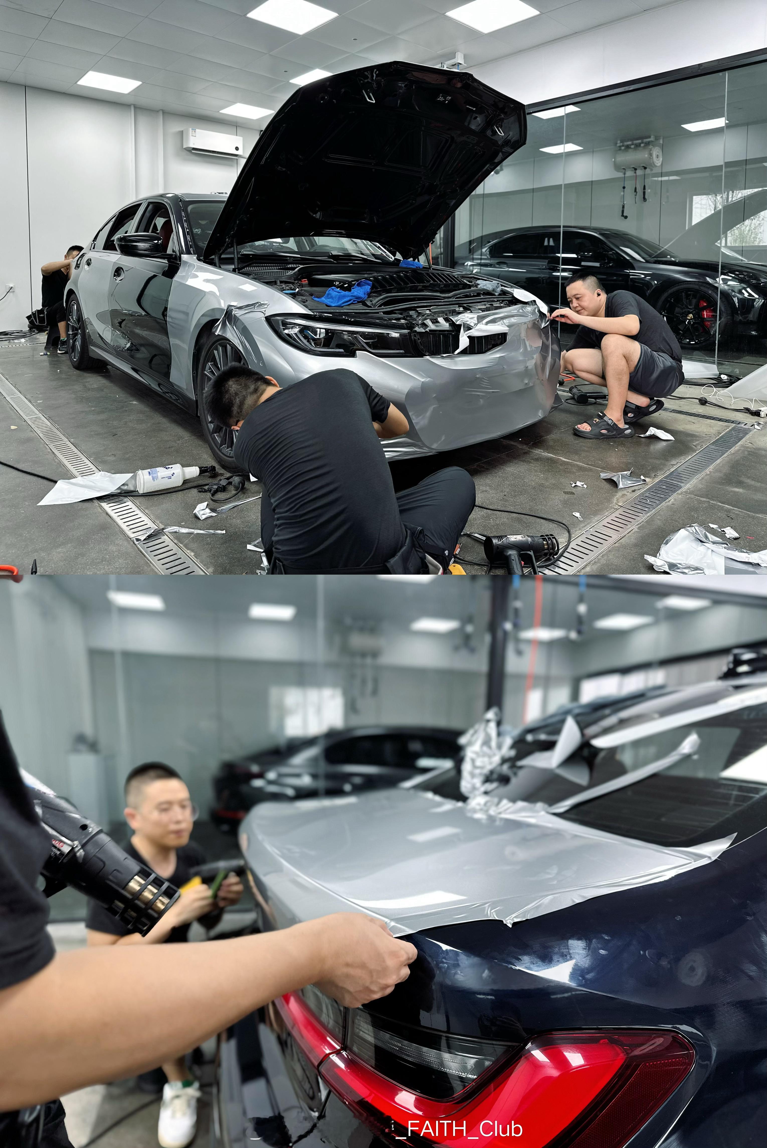 宝马3系GT银改色膜：不开刀拼接留下难看的缝，合理拉伸延展局部不变色，整体反光色