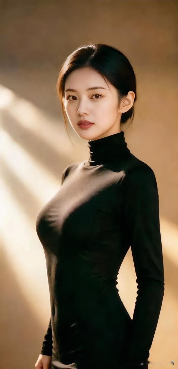 暖光织锦，黑衣凝姿。发梢垂落静谧，眉眼藏尽温柔。她立如暗夜雕塑，优雅自生，光影为