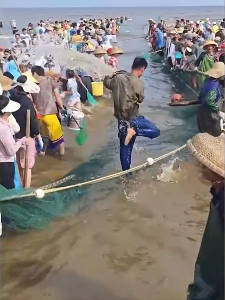 广东湛江，南三岛开海捕鱼吸引了不少村民前来围观，几乎每个人都拿着渔网前来“捡漏”