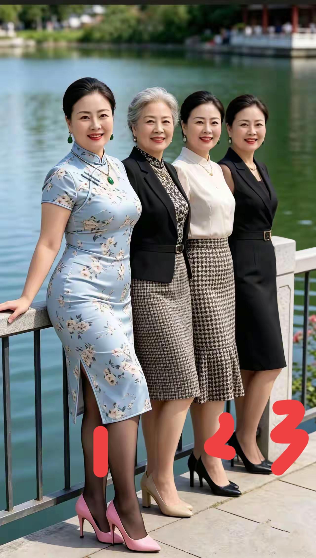 妈妈带着三位女儿拍照，你觉得哪位女儿的气质，韵味更像妈妈