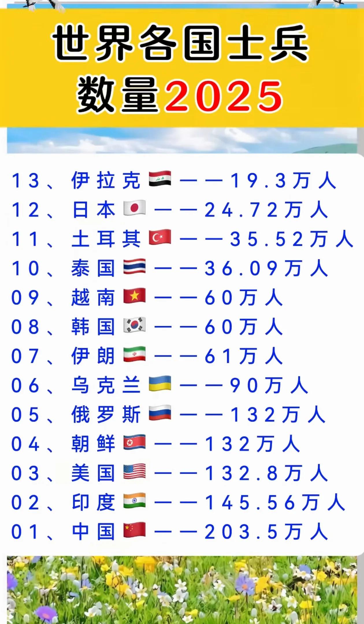 2025年世界13个国家士兵数量