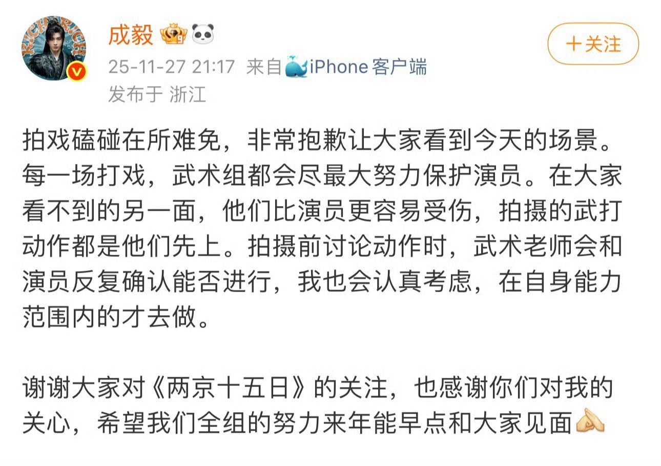 成毅回应拍摄《两京十五日》吊威亚受伤：拍戏磕碰在所难免，拍每一场打戏，武术组都会