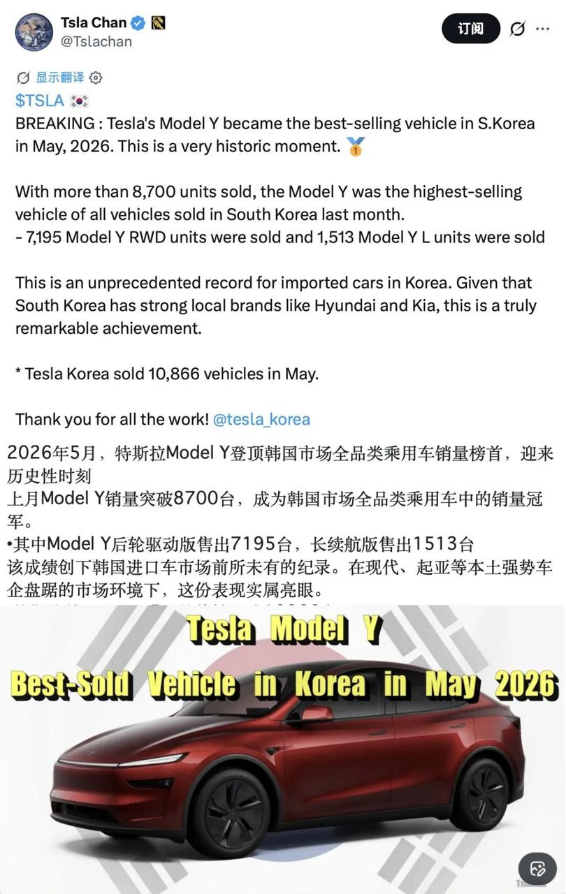 连续3月刷新韩国车市历史纪录！Model Y成当地5月乘用车销冠海外博主“Tsl