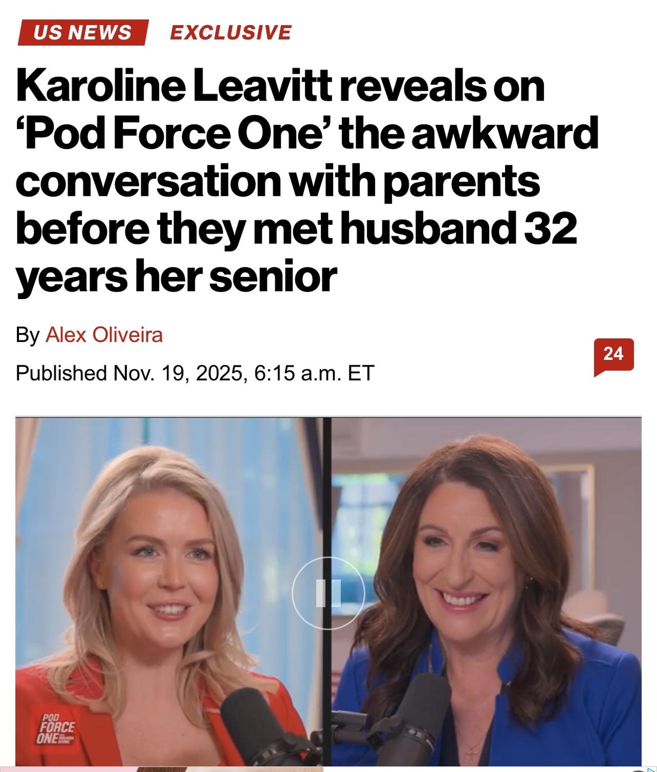 白宫发言人卡罗琳·莱维特在接受采访时透露，在遇到比她大32岁的丈夫之前，她曾与父