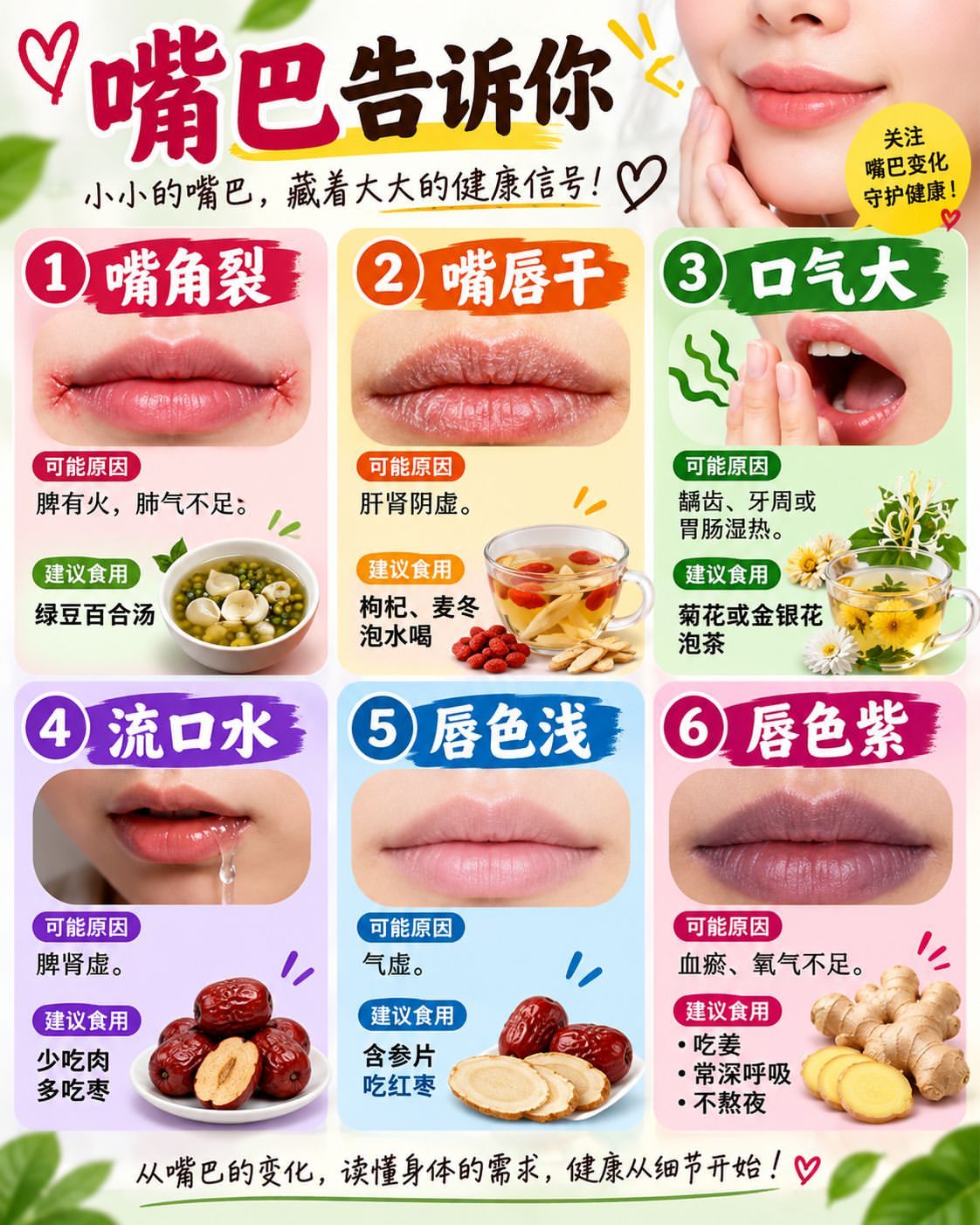 💋 嘴巴的小变化，也是在提醒你！① 嘴角裂：注意饮食与休息② 嘴唇干：记得多喝