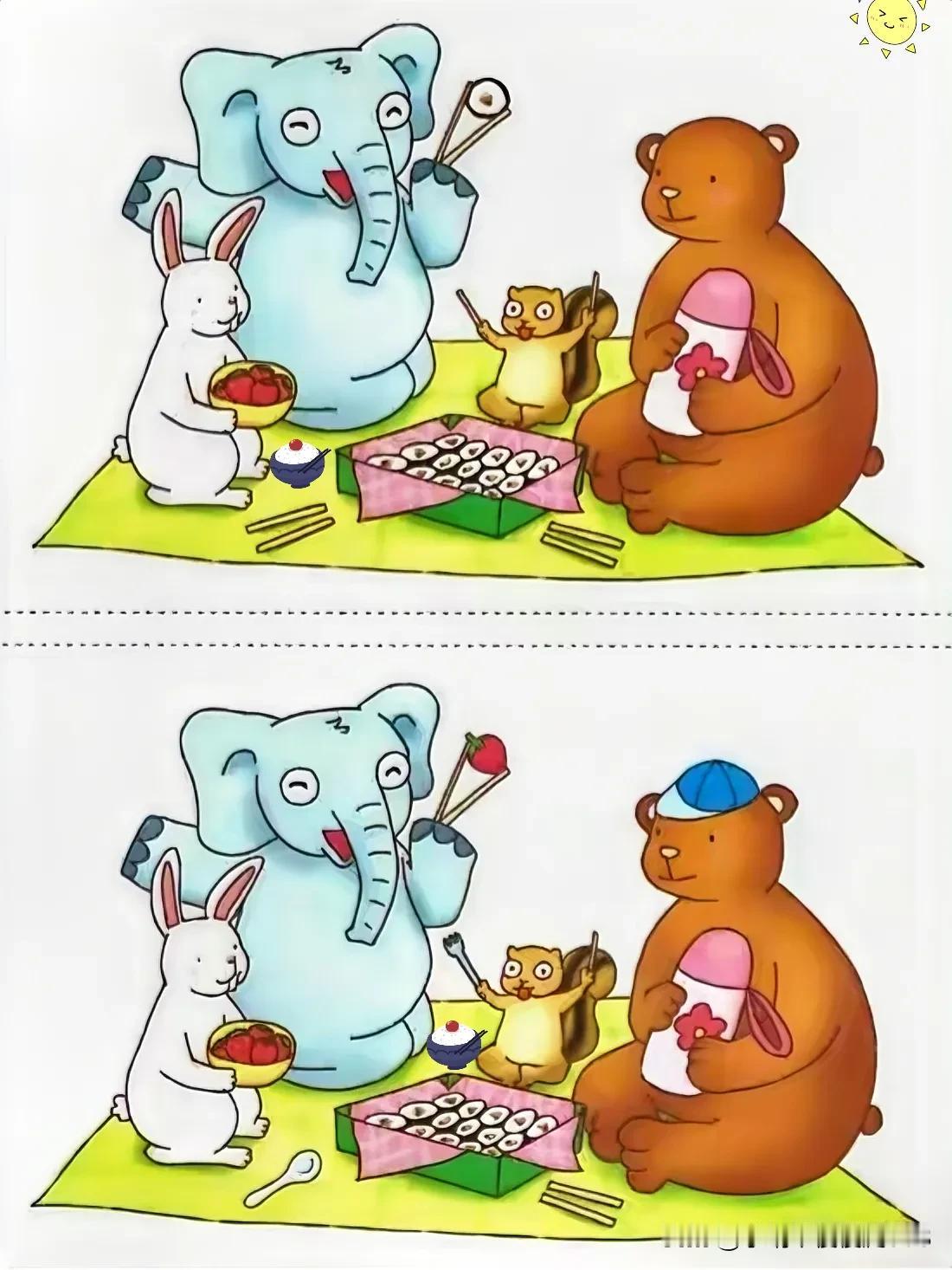 兔熊与象，嬉戏玩闹间
考眼力 能快速找出6处不同吗[灵光一闪]