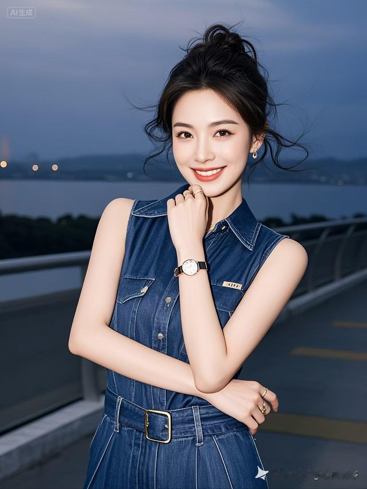 夜景下的都市丽人，牛仔连体裤潇洒有型，笑容甜美，自信满满。