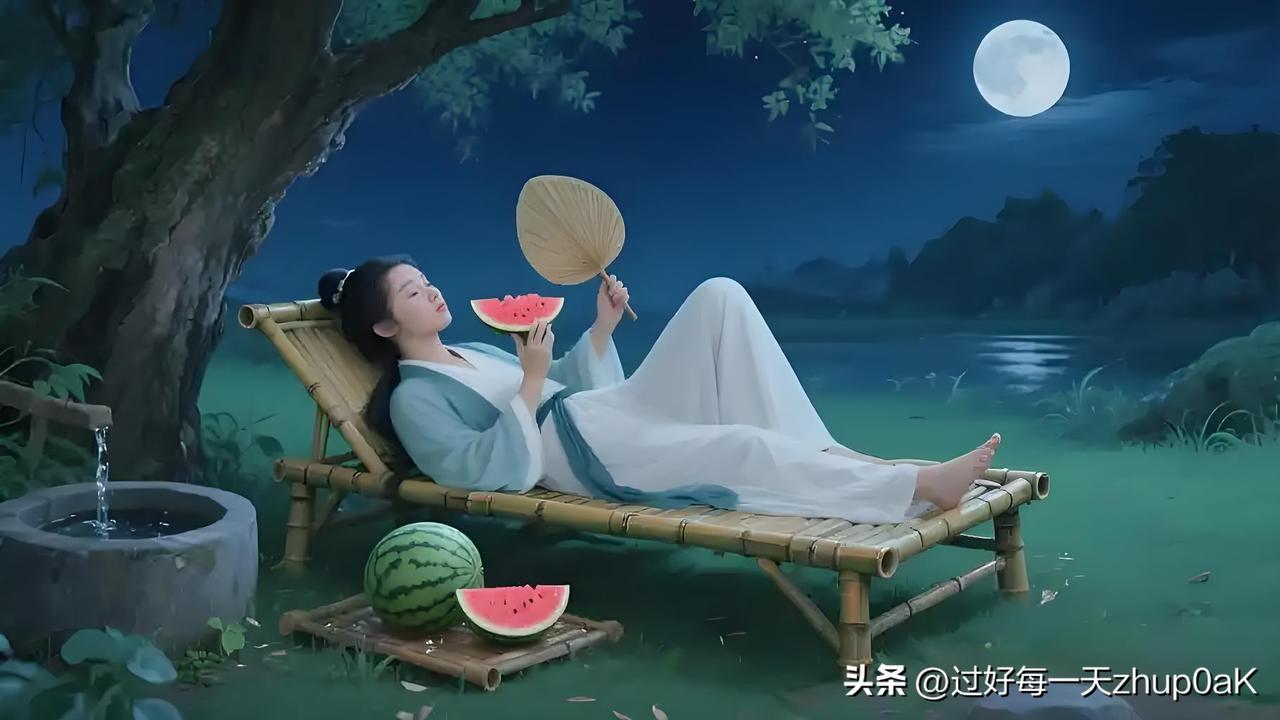《夏夜有作》
——宋.朱淑真
暑夕炎蒸著摸人，
移床借月卧中庭。
更深露下衣襟冷