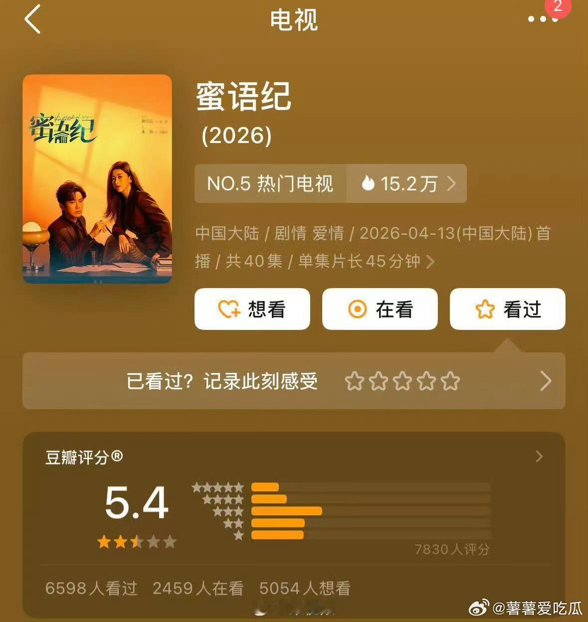 蜜语纪豆瓣5.4豆瓣全是黑粉，收视率和播放量可以证明剧有多好看 