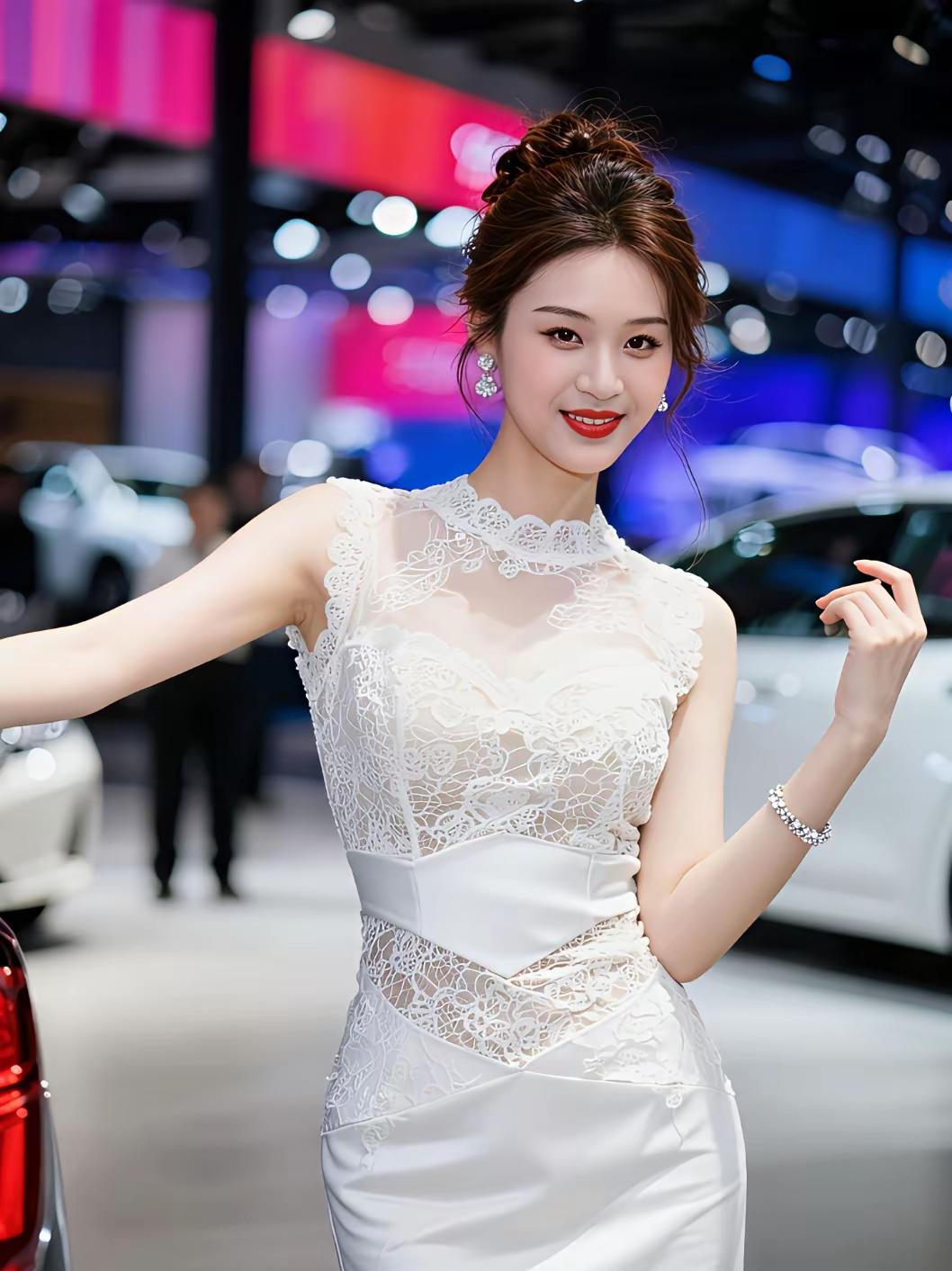 优雅车模在车展上惊艳亮相，白色蕾丝裙搭配红唇，尽显迷人风采！酷风穿搭