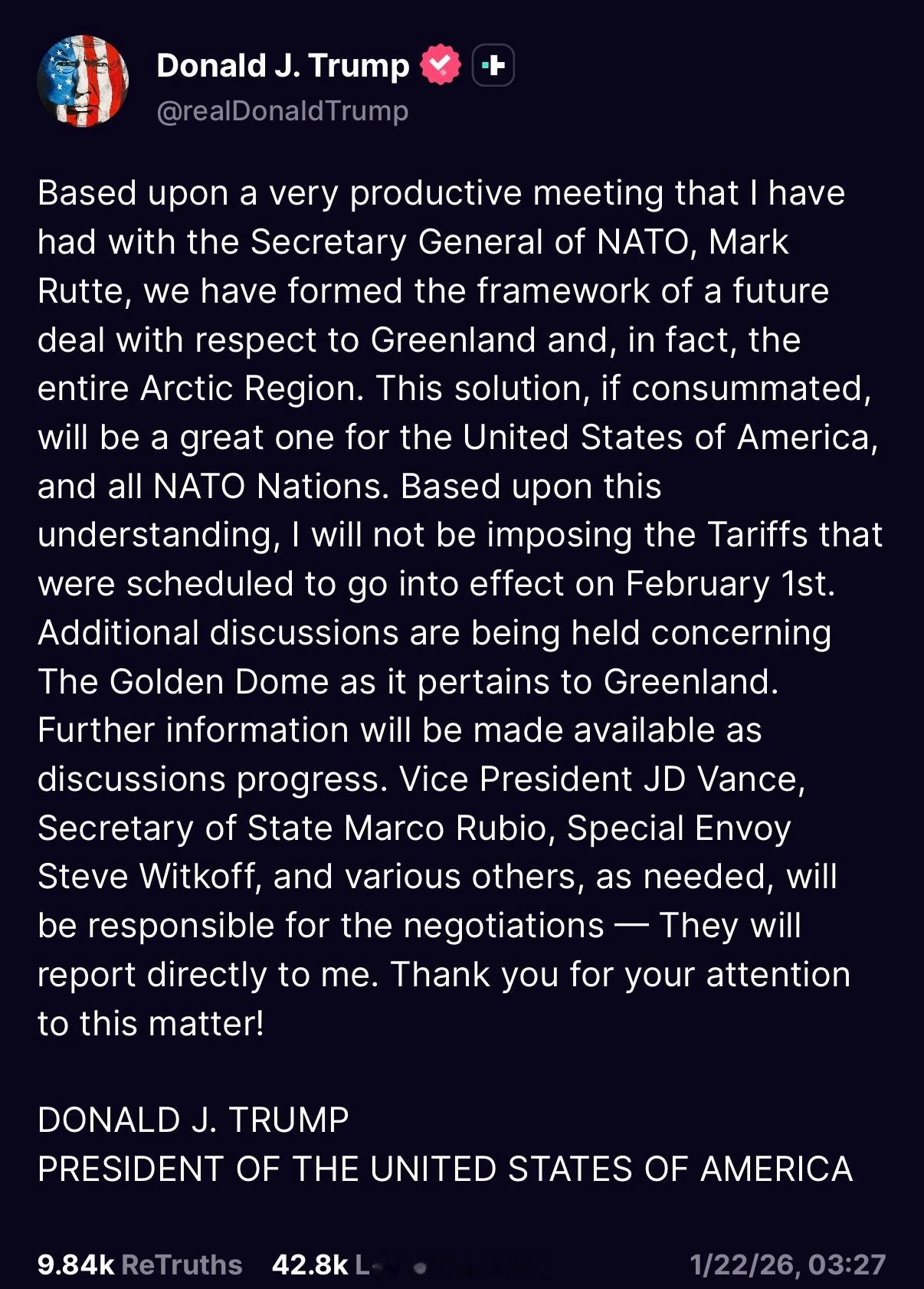 特朗普取消对欧洲八国的关税威胁“基于我与北约秘书长马克·吕特进行的一次非常富有成