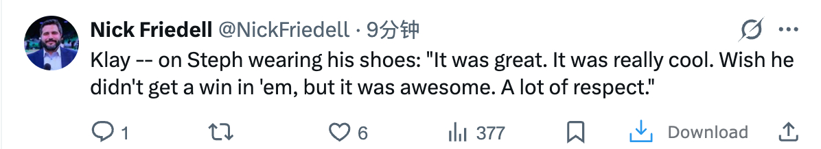 克莱谈到库里穿着他的球鞋时说：“那感觉太棒了，真的很酷。只是希望他别穿着那双鞋赢