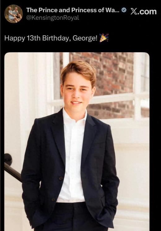 英国第三代继承人乔治王子过13岁生日，国王查尔斯与王储威廉都公开为他庆生！
威廉