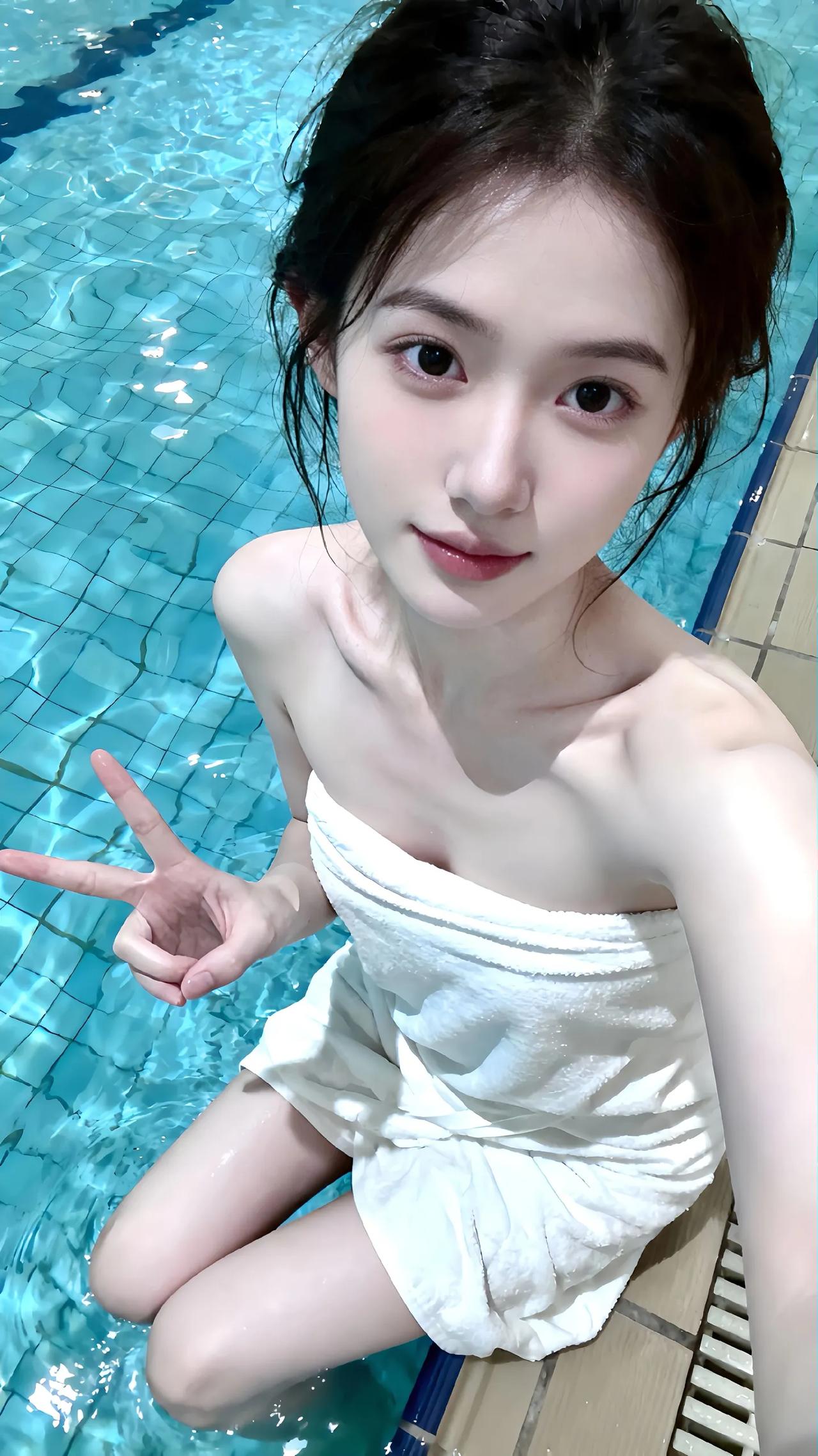 泳池边的清新自拍，白色毛巾包裹，比个V字笑靥如花🌞💙👯‍♀️分享一张你相册
