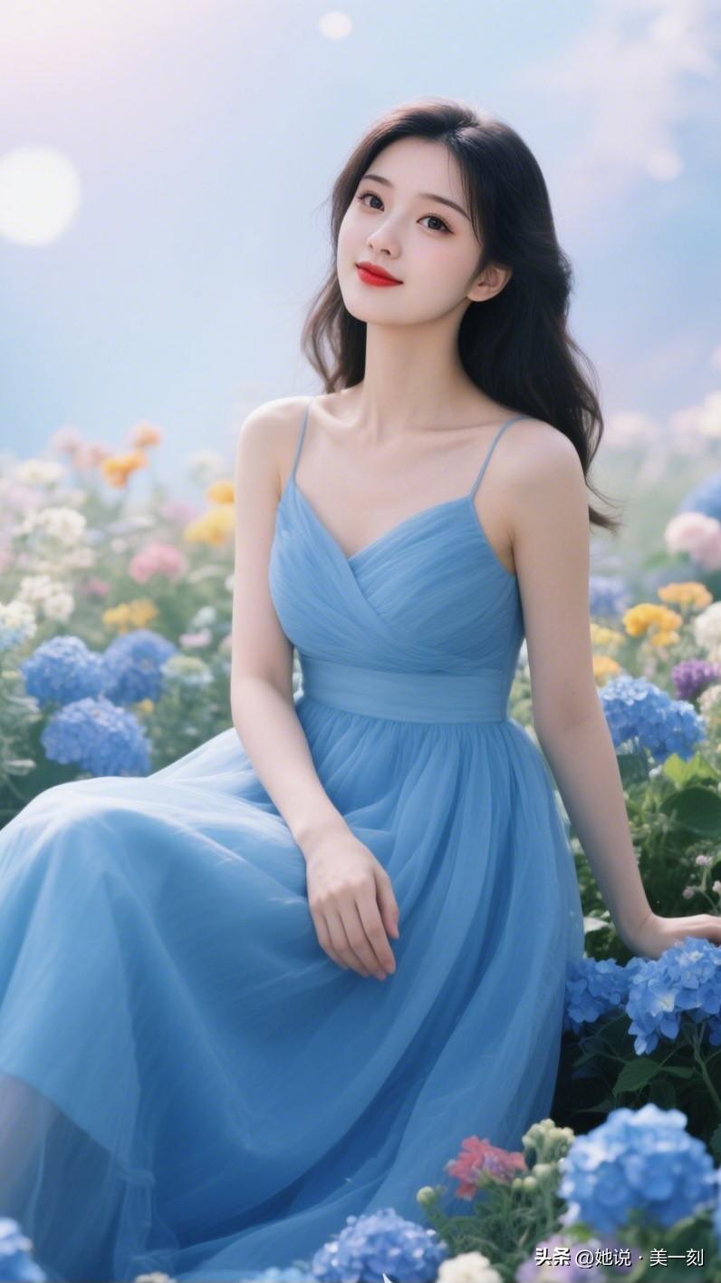 梦幻蓝裙少女，花海中的优雅时光。分享一张花开的照片 梦幻蓝裙少女，置身花海，美如