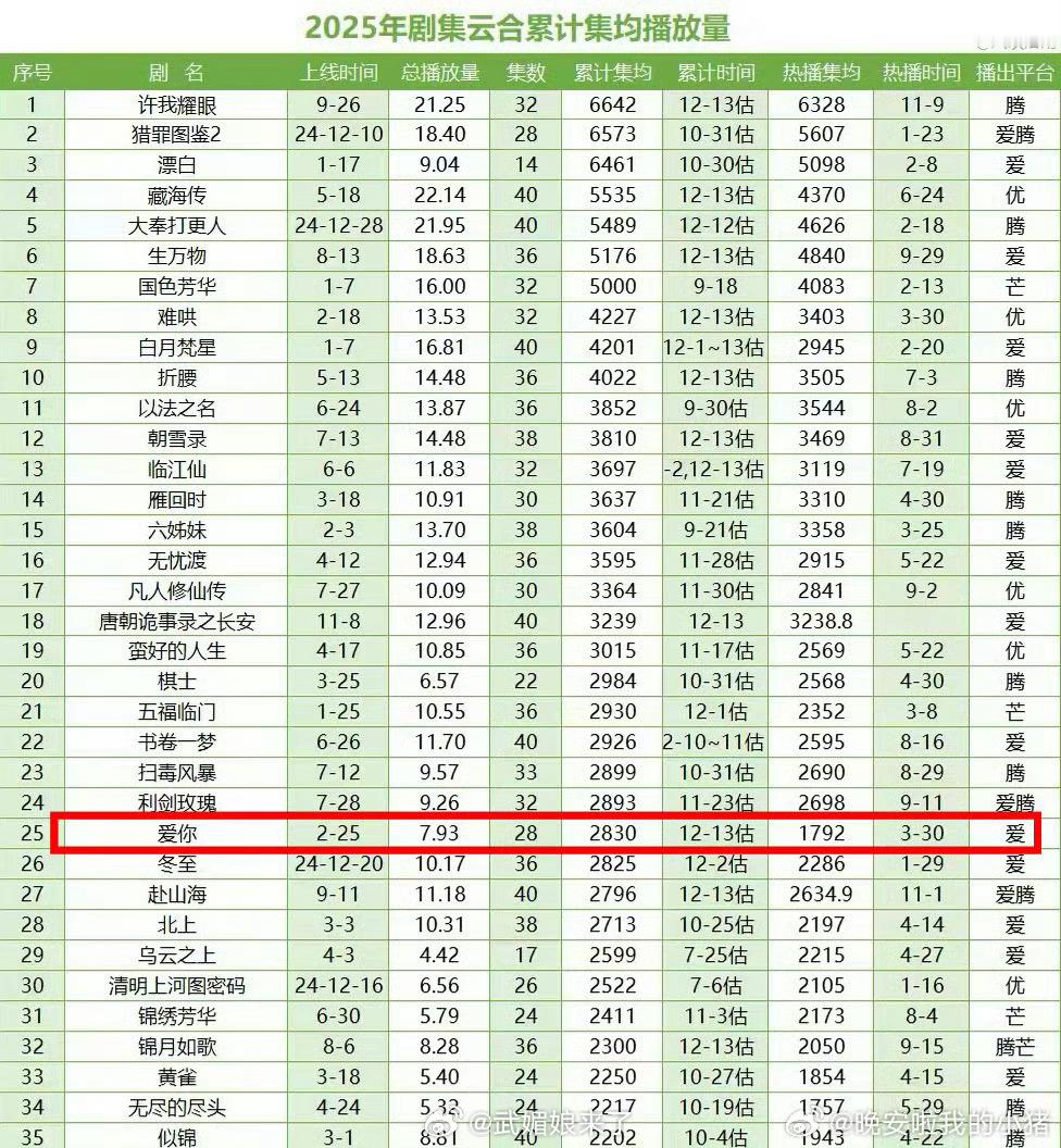 恭喜张凌赫《爱你》登顶爱奇艺 2025现偶集均第一☝️何苏叶优秀！ 