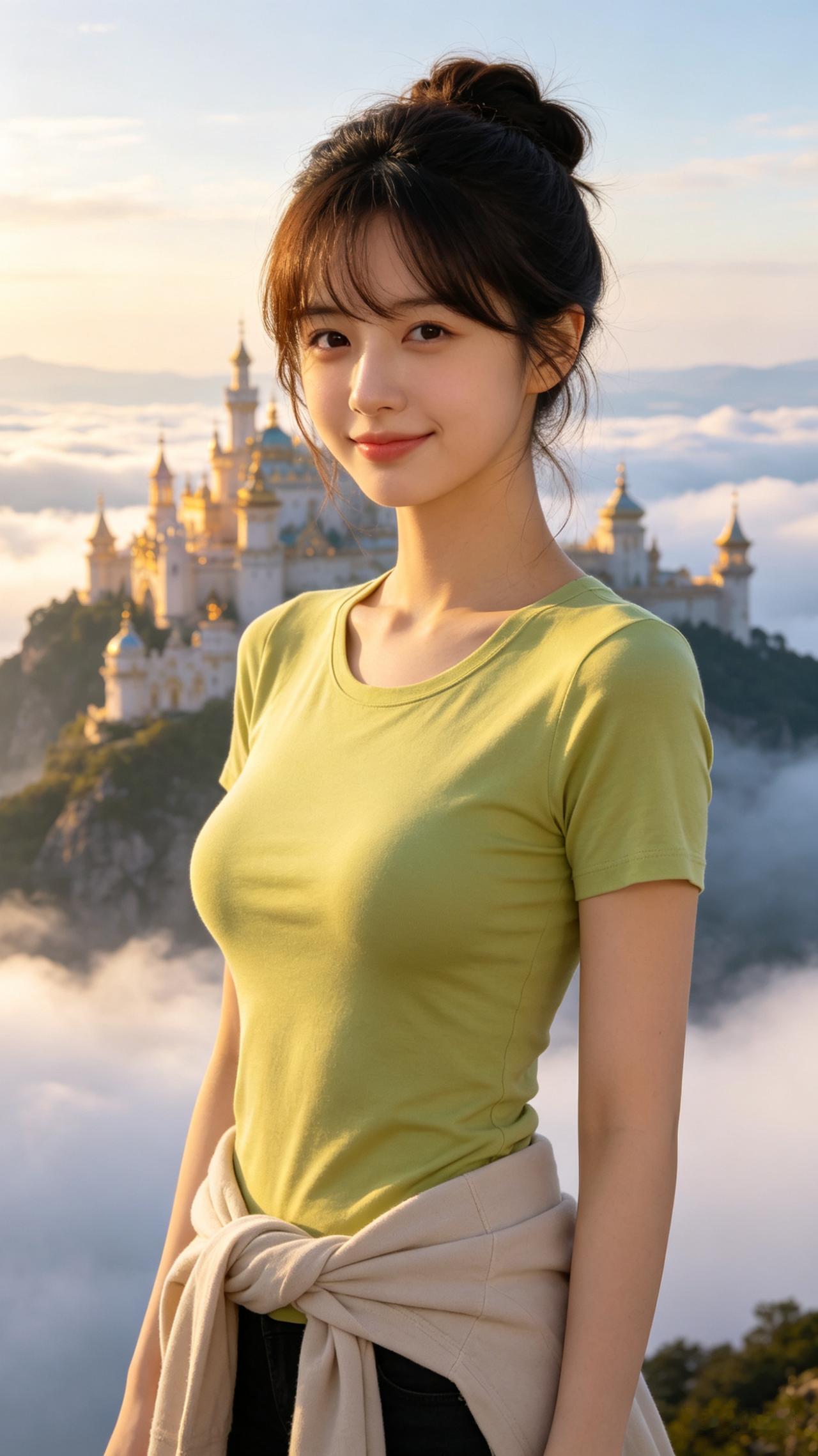女子盘发配斜刘海，素颜软嫩撇嘴浅笑，身着青黄修身T恤，外衫随性垂于腰间。立于云海