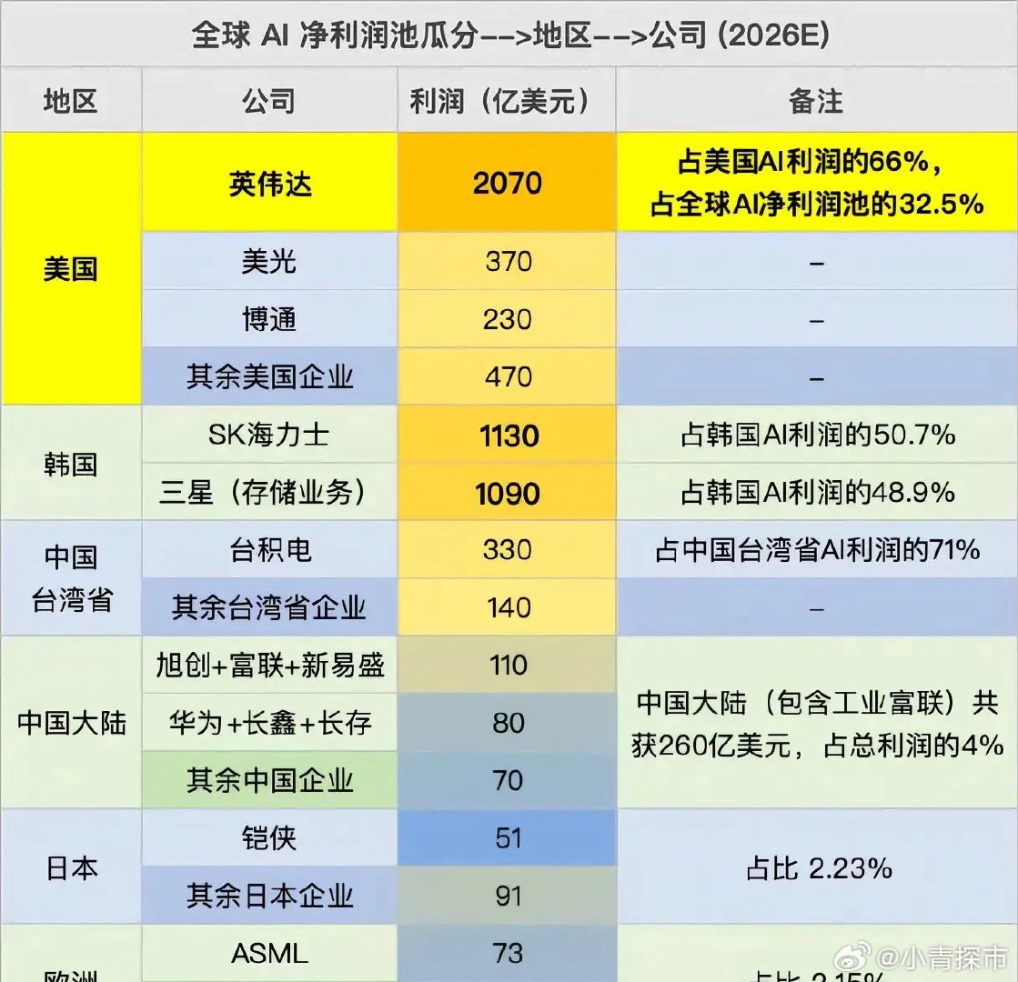 全球AI蛋糕，美国拿走了最大的份额，英伟达和美光、博通、英特尔、AMD分食了30