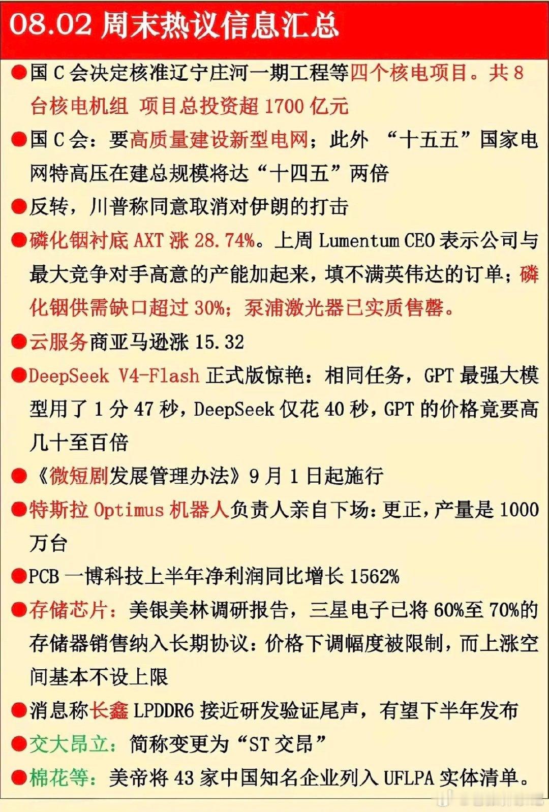8.02周日  晚间：财经热点信息参考！1.核电核能2.磷化铟衬底3.云服务4.