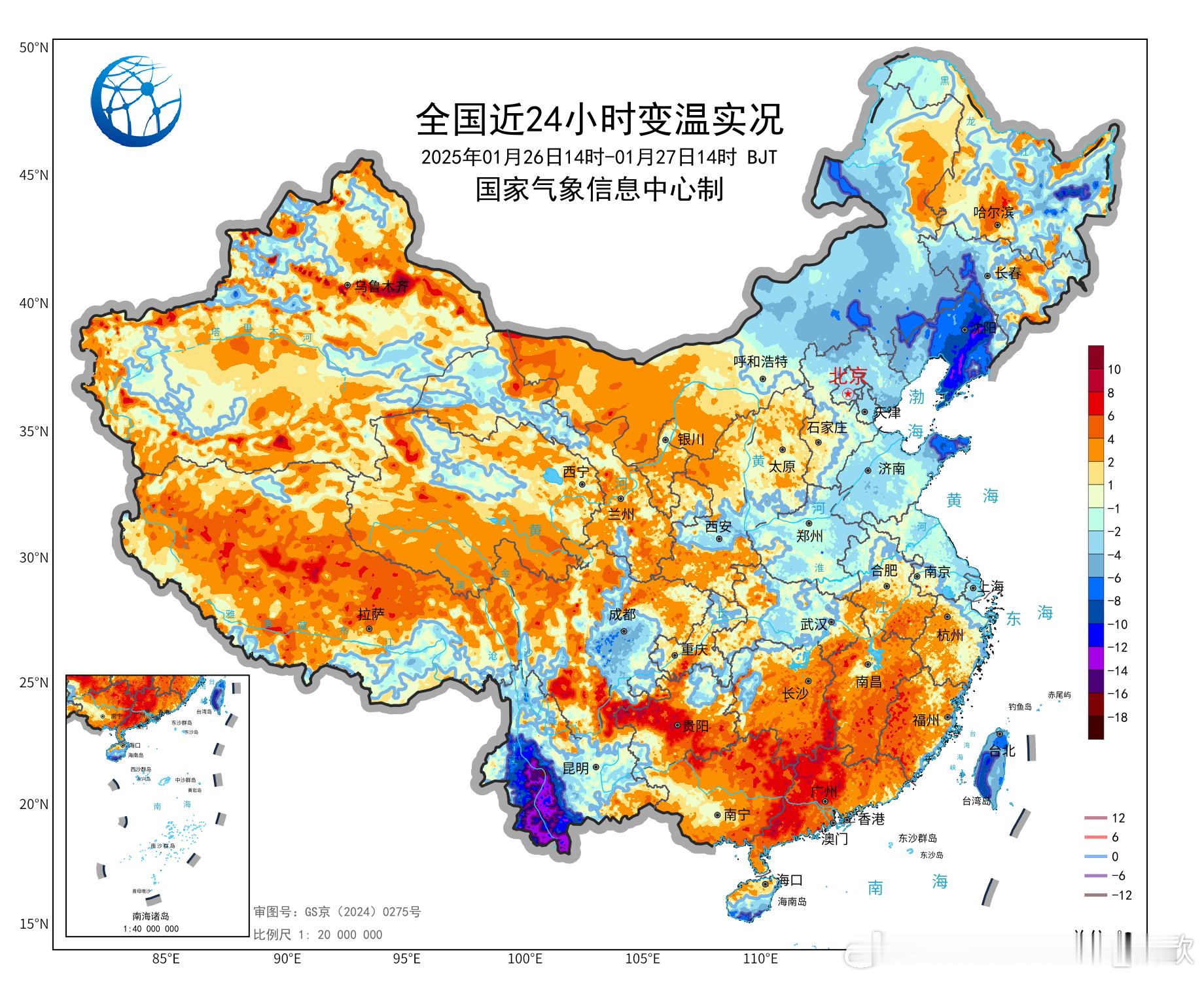 【降温进入尾声】今天14时对比昨天14时、辽宁和云南部分地区出现了明显降温。云南