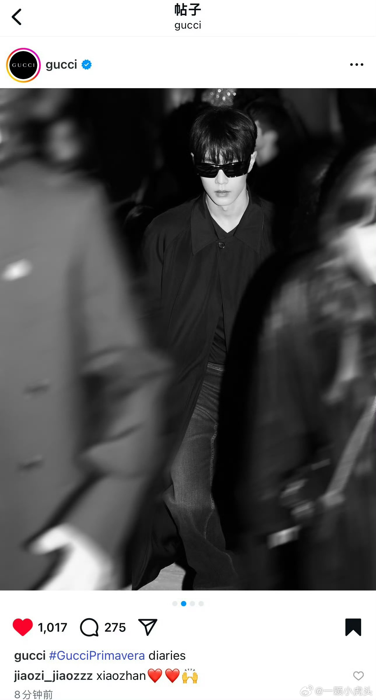 ig更新肖战gucci米兰时装周看秀日记 ，那么多看秀嘉宾，gucci又是第一个