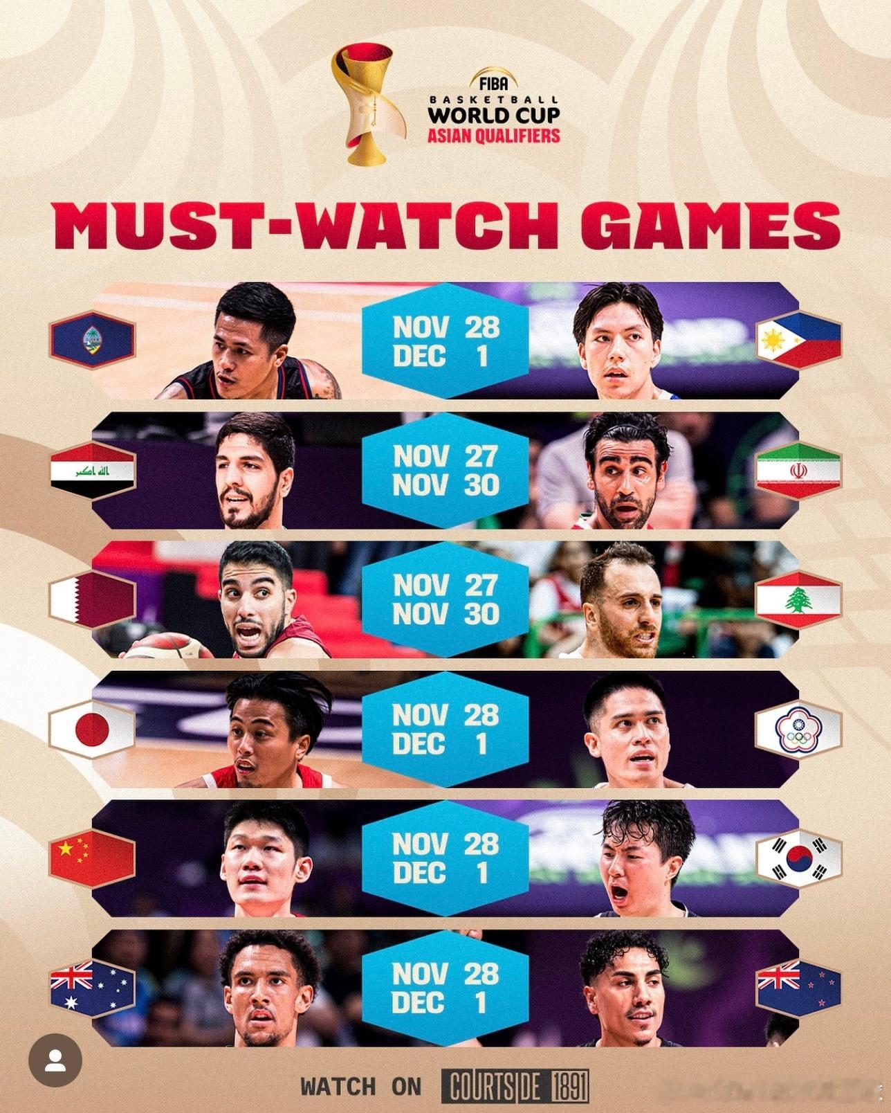 男篮世界杯预选赛窗口期一，焦点赛事11/28 12/01中国Vs韩国11/28 