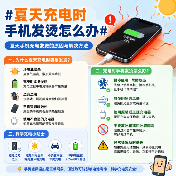 夏天充电时手机发烫怎么办感觉手机烫手的时候就先拔下来歇一歇等温度恢复正常再接着充