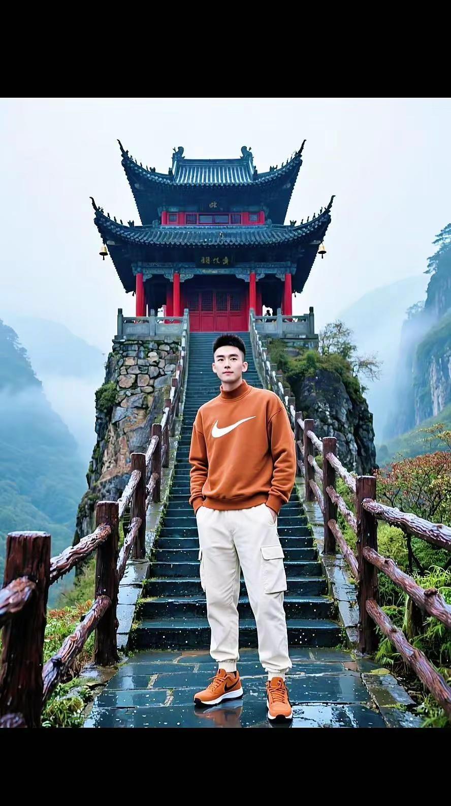 ✨谁懂啊！悬崖上的古风楼阁也太绝了～😱🧗♂️雨天爬山偶遇神仙机位，雾气缭绕像